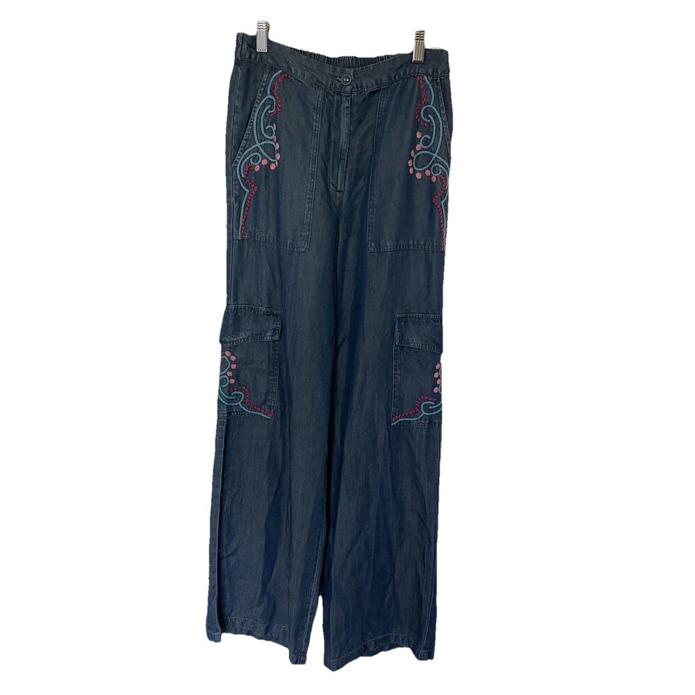 Johnny Was Workshop Embroidered Wide Leg High Elastic Waist Pants Denim Blue XS